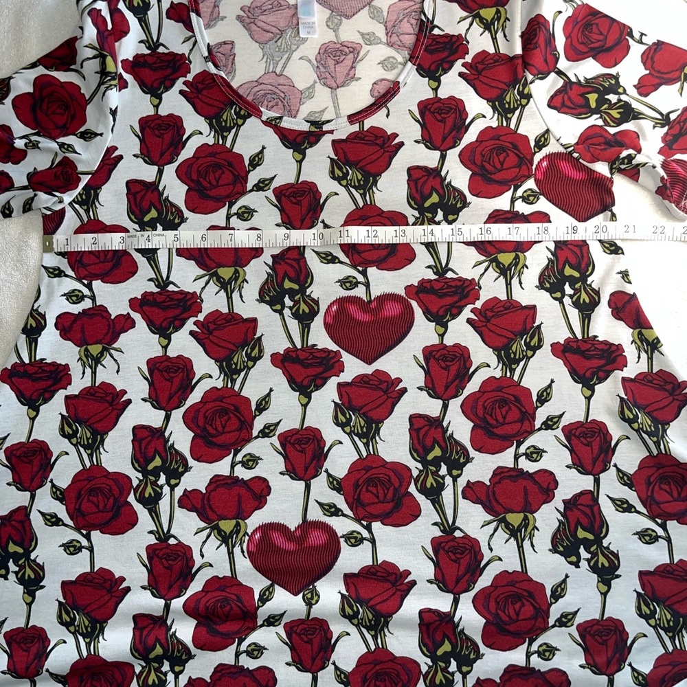 LuLaRoe Perfect T with Red Floral and Heart design.